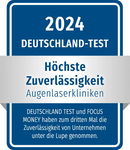Auszeichnungssiegel ‚Deutschland Test 2024 – Höchste Zuverlässigkeit‘ in der Kategorie Augenlaserkliniken. Vergeben von Deutschland Test und Focus Money zur Bewertung der Zuverlässigkeit von Unternehmen.