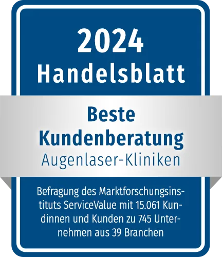 Auszeichnungssiegel ‚Handelsblatt 2024 – Beste Kundenberatung‘ in der Kategorie Augenlaser-Kliniken. Grundlage ist eine Befragung des Marktforschungsinstituts ServiceValue mit 15.061 Kundinnen und Kunden zu 745 Unternehmen aus 39 Branchen.