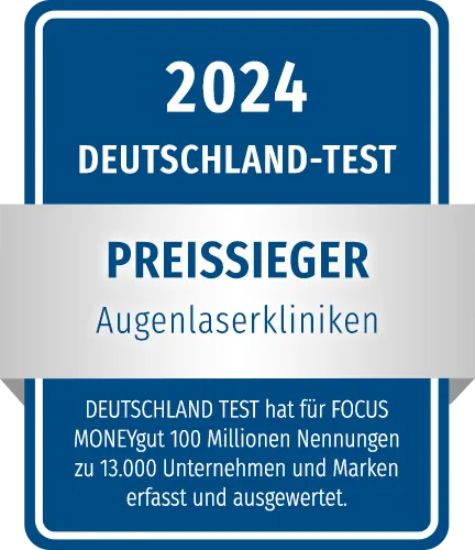 Auszeichnungssiegel ‚Deutschland Test 2024 – Preissieger‘ in der Kategorie Augenlaserkliniken. Grundlage ist eine Auswertung von rund 100 Millionen Nennungen zu 13.000 Unternehmen und Marken durch Deutschland Test und Focus Money.